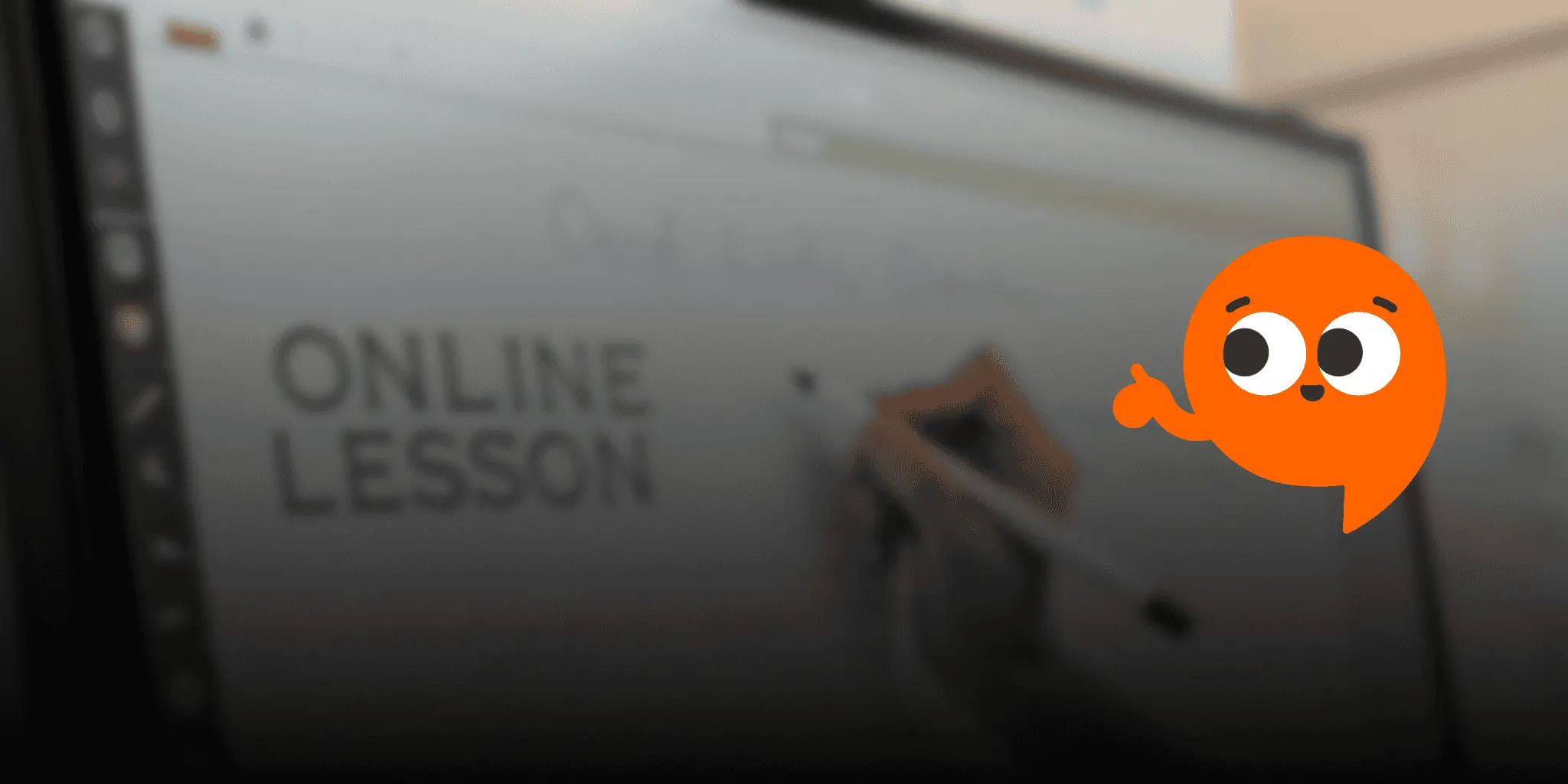 Poly the mascot with online lesson background, promoting flexible German courses.