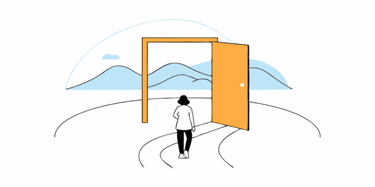 Person walking to an open door with mountains, symbolizing a language learning journey.