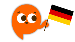 Polyngua mascot Poly holding a German flag – representing German language courses at Polyngua