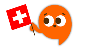 Polyngua mascot Poly holding a Swiss flag – representing Swiss German courses in Switzerland