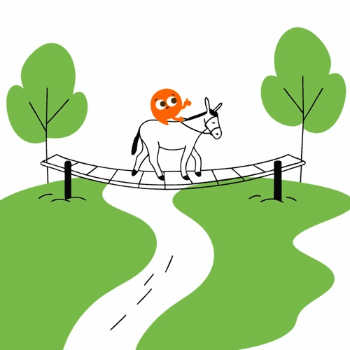 Poly the mascot riding a donkey across a bridge, illustrating the German idiom 'Eselsbrücke' which means a learning aid or mnemonic device.