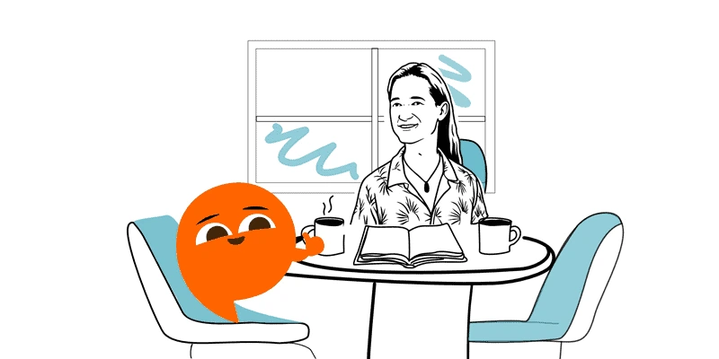Poly mascot and Ruth Tuschewski at a table, welcoming Poly as learning companion.