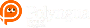 Polyngua – Home of Polyglots | Language School Logo Polyngua white logo with Poly mascot and 'Home of Polyglots' tagline in footer.