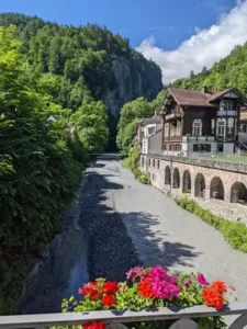 A photo of Swiss village Bad Ragaz with the Tamina River.